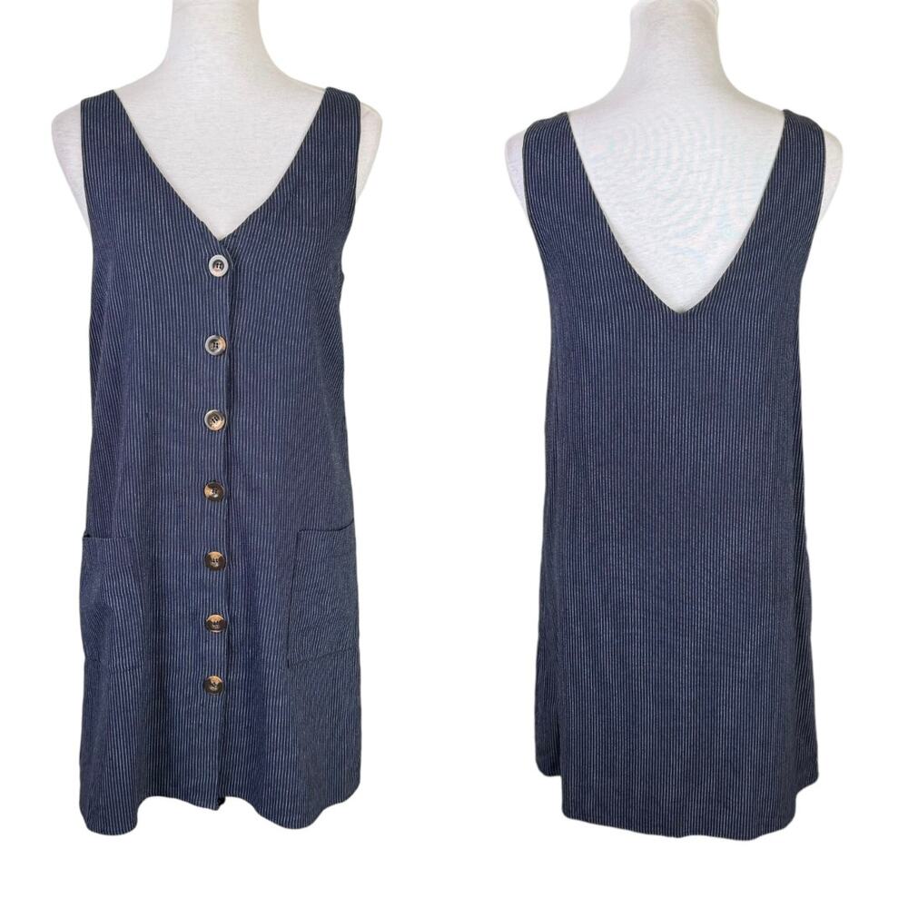 Crescent Navy Blue Thin Stripe Button Down Sleeveless Shift Dress w Pockets